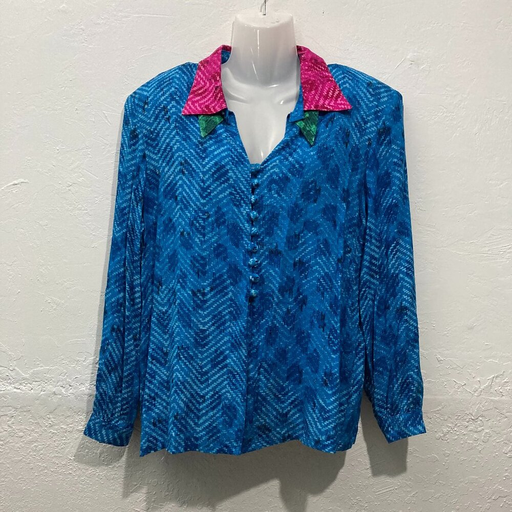 Vintage Howard Wolf Dallas USA Psychedelic Blue Retro Blouse Button Up Size 12